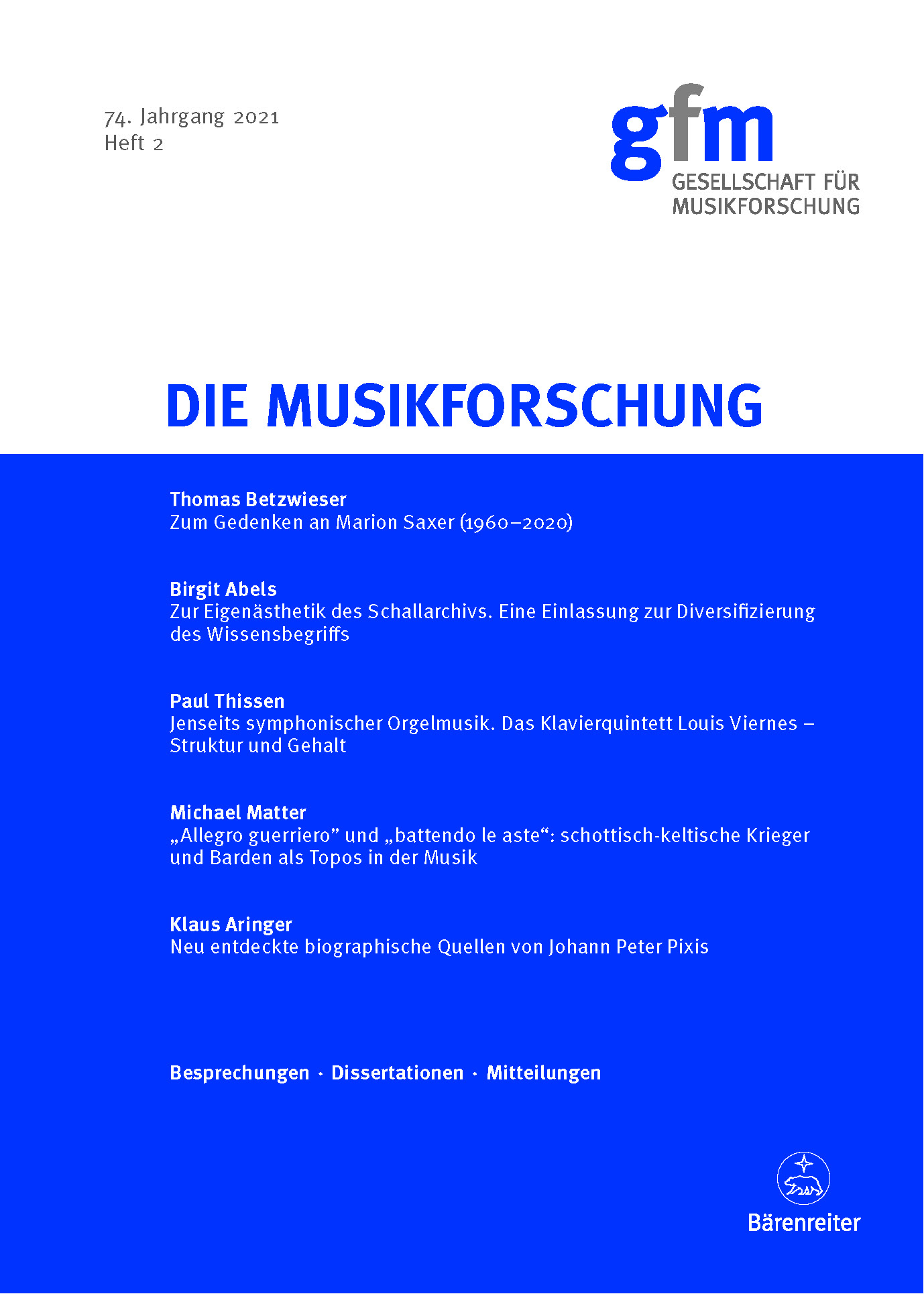 					Ansehen Bd. 74 Nr. 2 (2021): Die Musikforschung
				