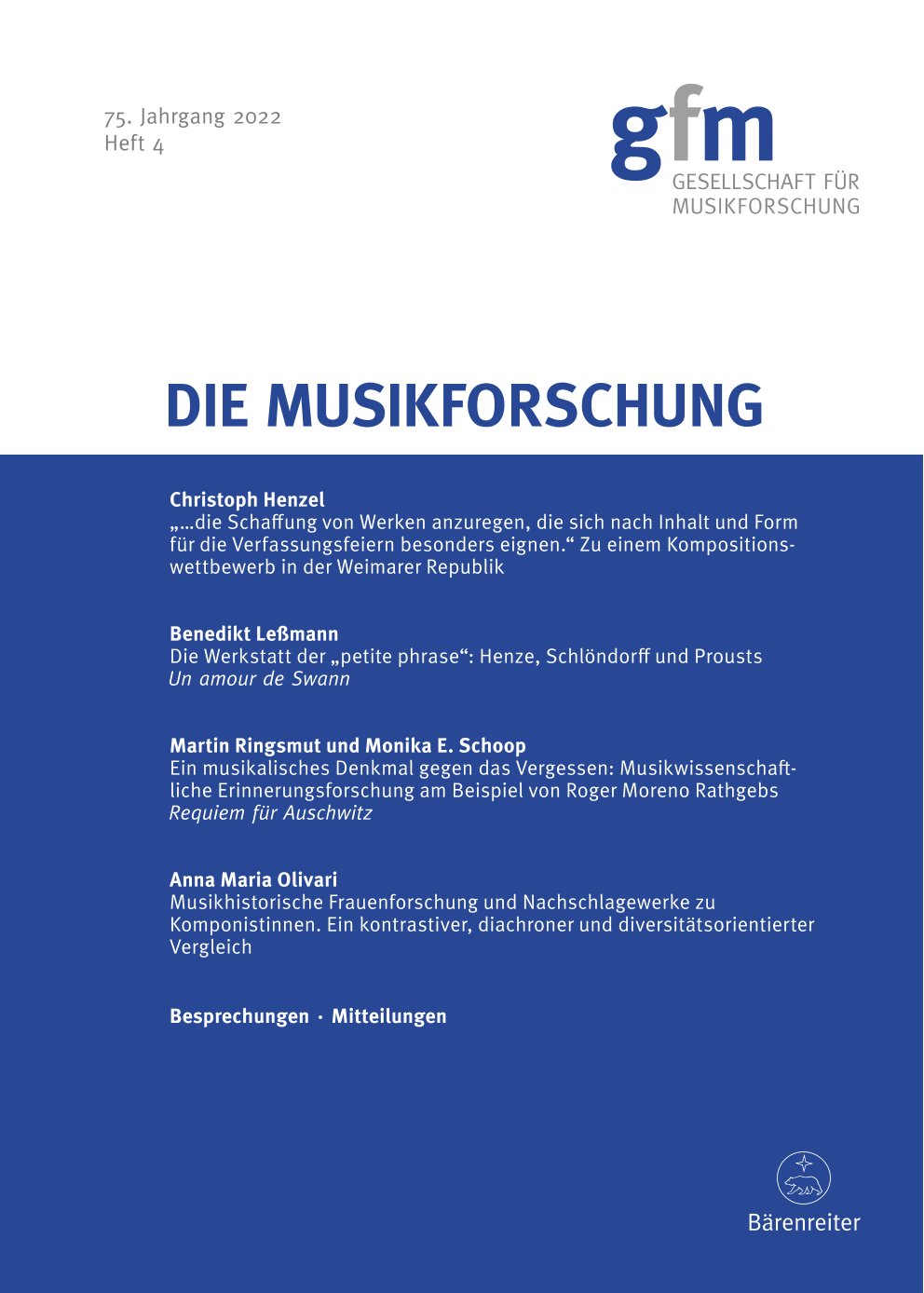 					Ansehen Bd. 75 Nr. 4 (2022): Die Musikforschung
				